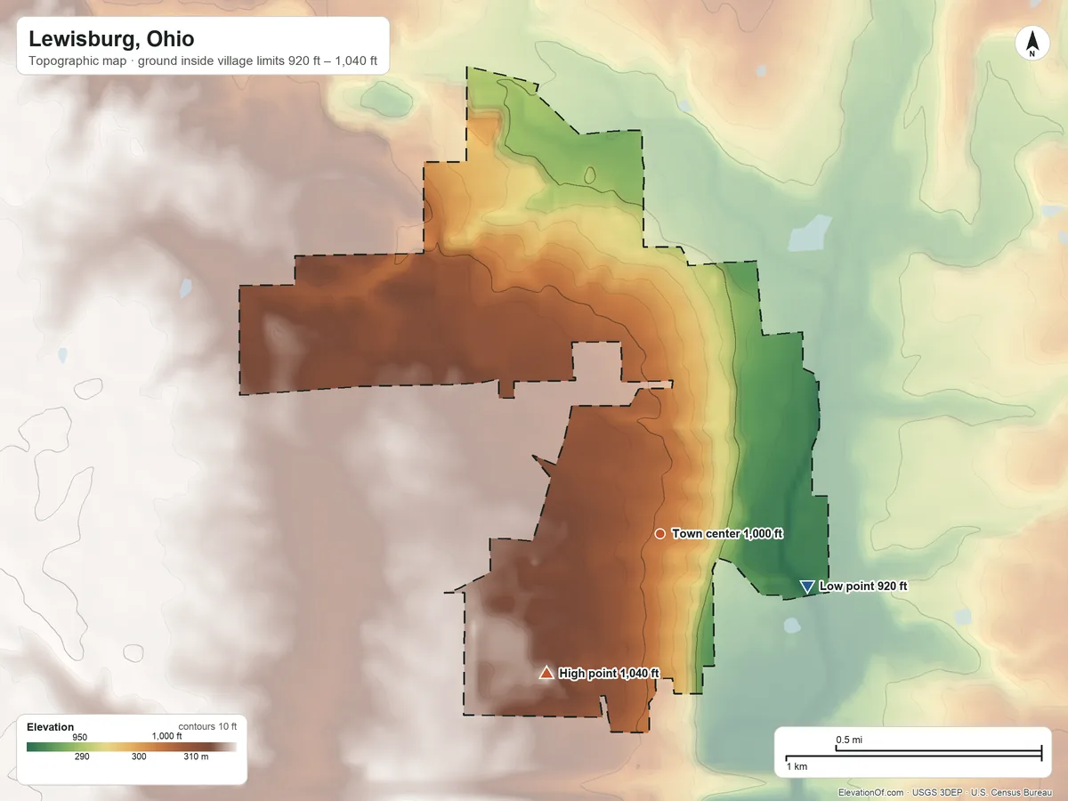 Topographic elevation map of Lewisburg, Ohio, shaded from 920 ft on the east side to 1,040 ft on the southwest side