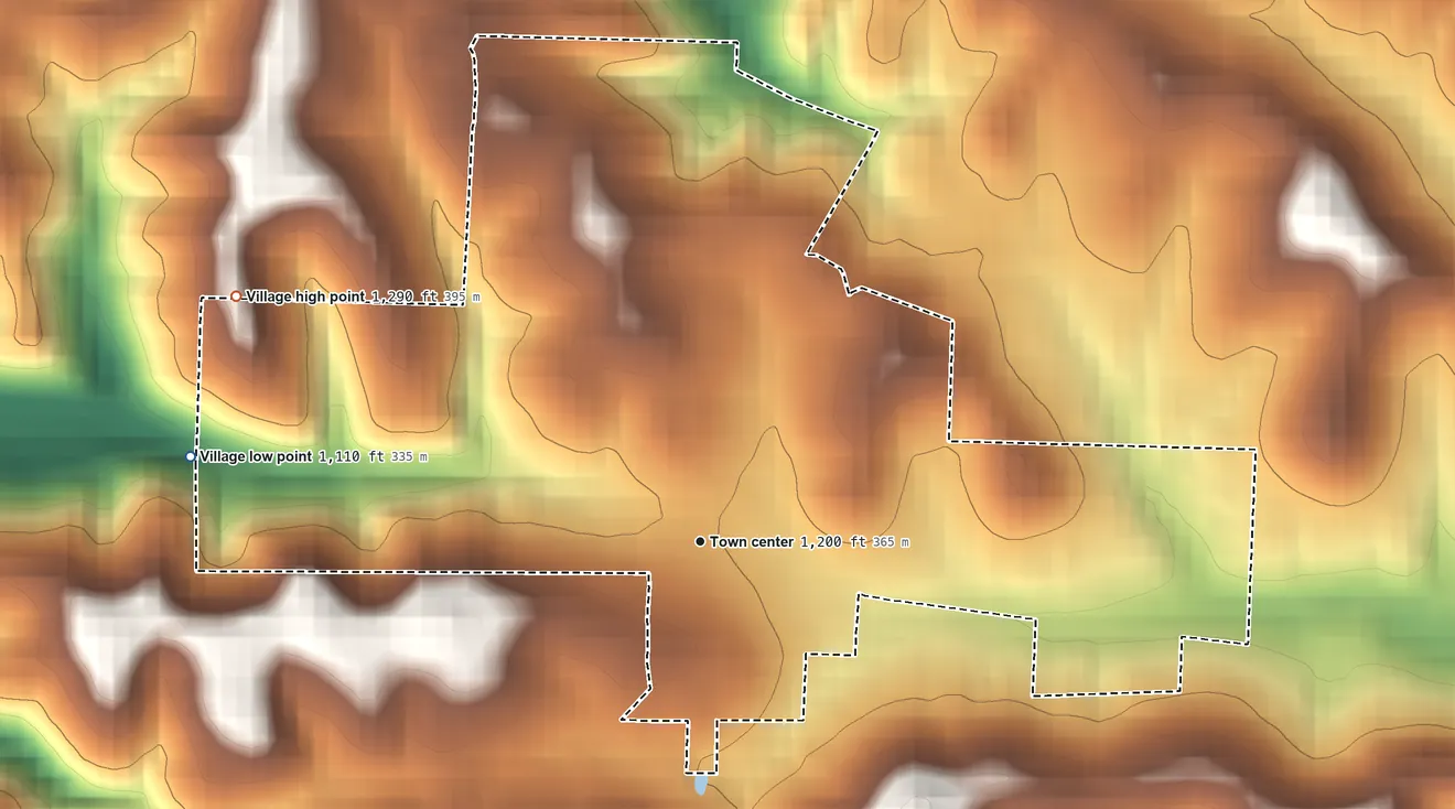 Topographic elevation map of Lewisville, Ohio, shaded from 1,110 ft on the west side to 1,290 ft on the northwest side