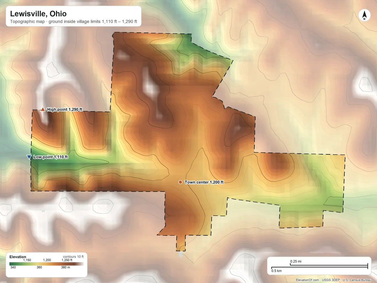 Topographic elevation map of Lewisville, Ohio, shaded from 1,110 ft on the west side to 1,290 ft on the northwest side