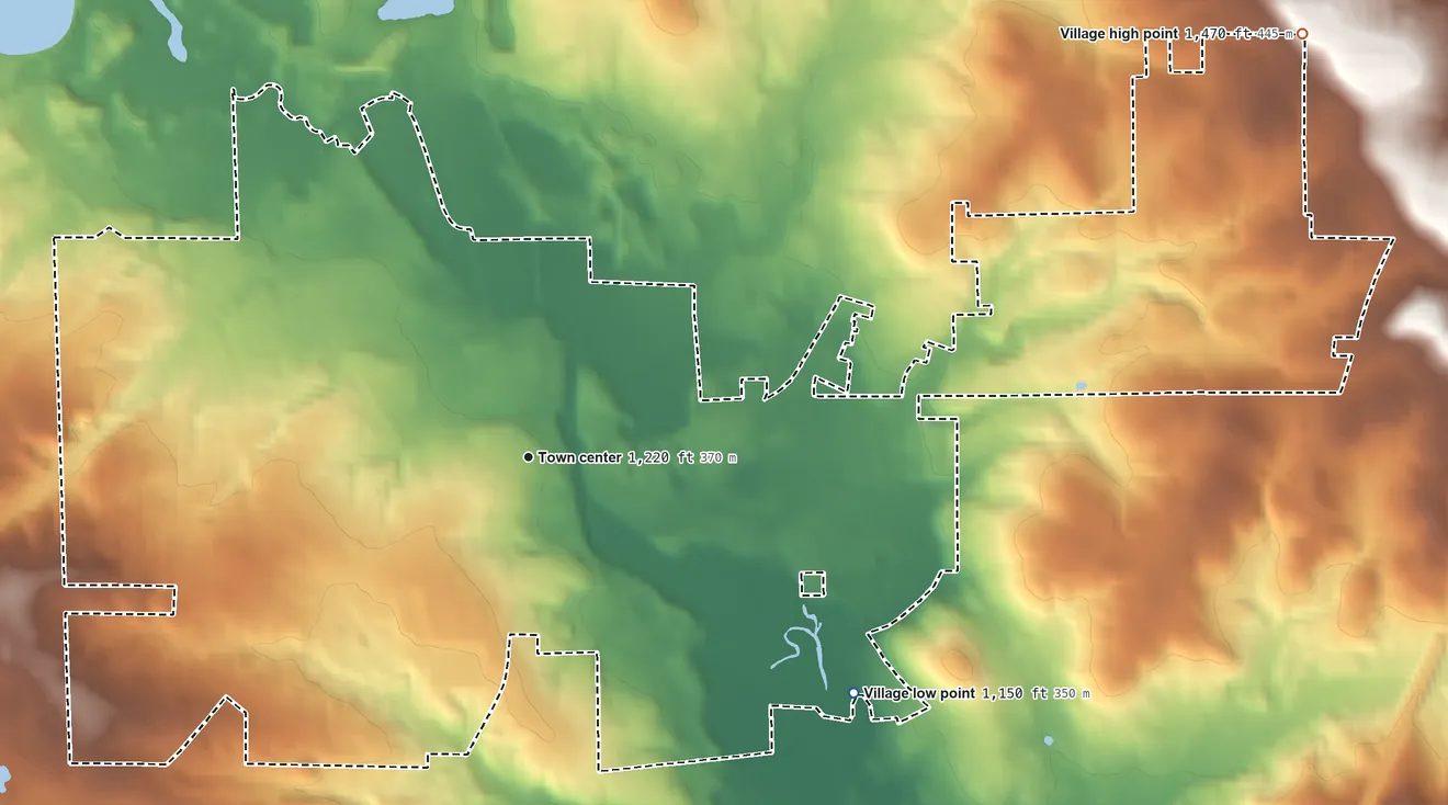 Topographic elevation map of Lexington, Ohio, shaded from 1,150 ft on the southeast side to 1,470 ft on the northeast side