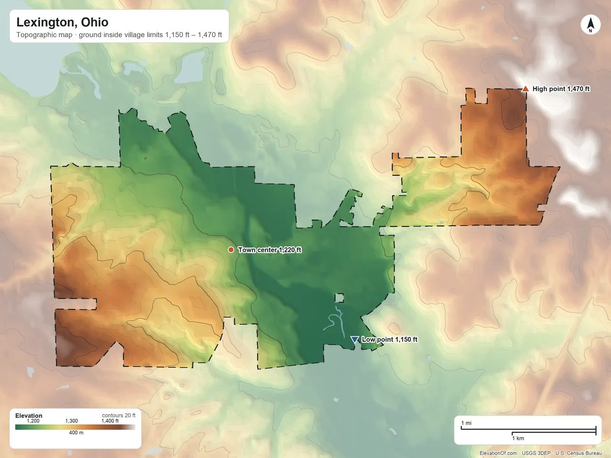 Topographic elevation map of Lexington, Ohio, shaded from 1,150 ft on the southeast side to 1,470 ft on the northeast side