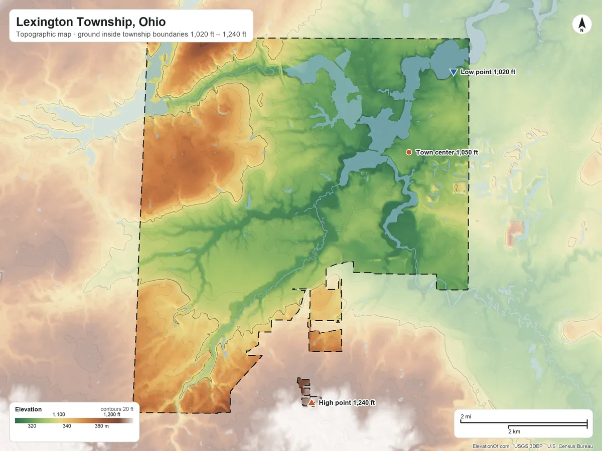 Topographic elevation map of Lexington Township, Ohio, shaded from 1,020 ft on the northeast side to 1,240 ft on the south side