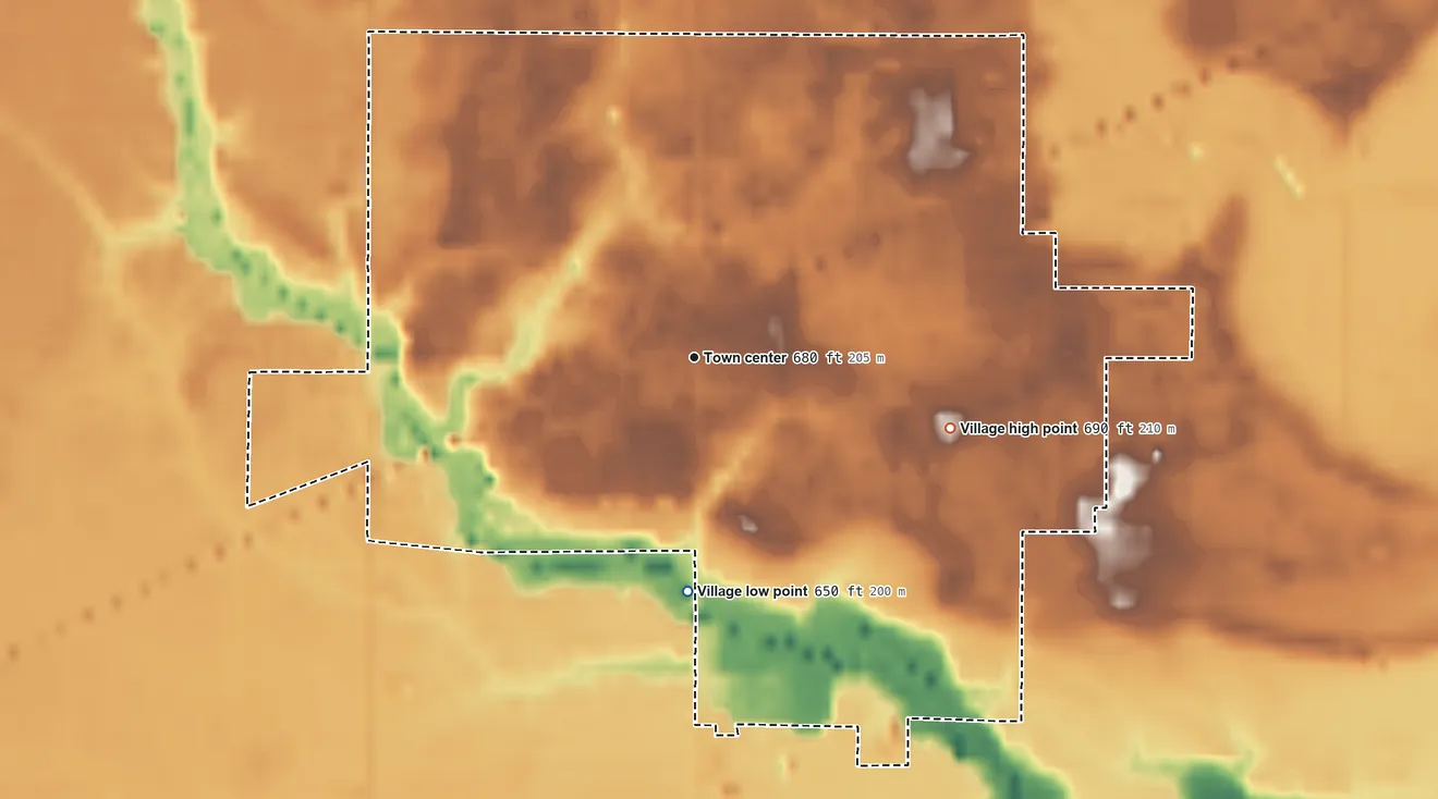 Topographic elevation map of Liberty Center, Ohio, shaded from 650 ft on the south side to 690 ft on the east side