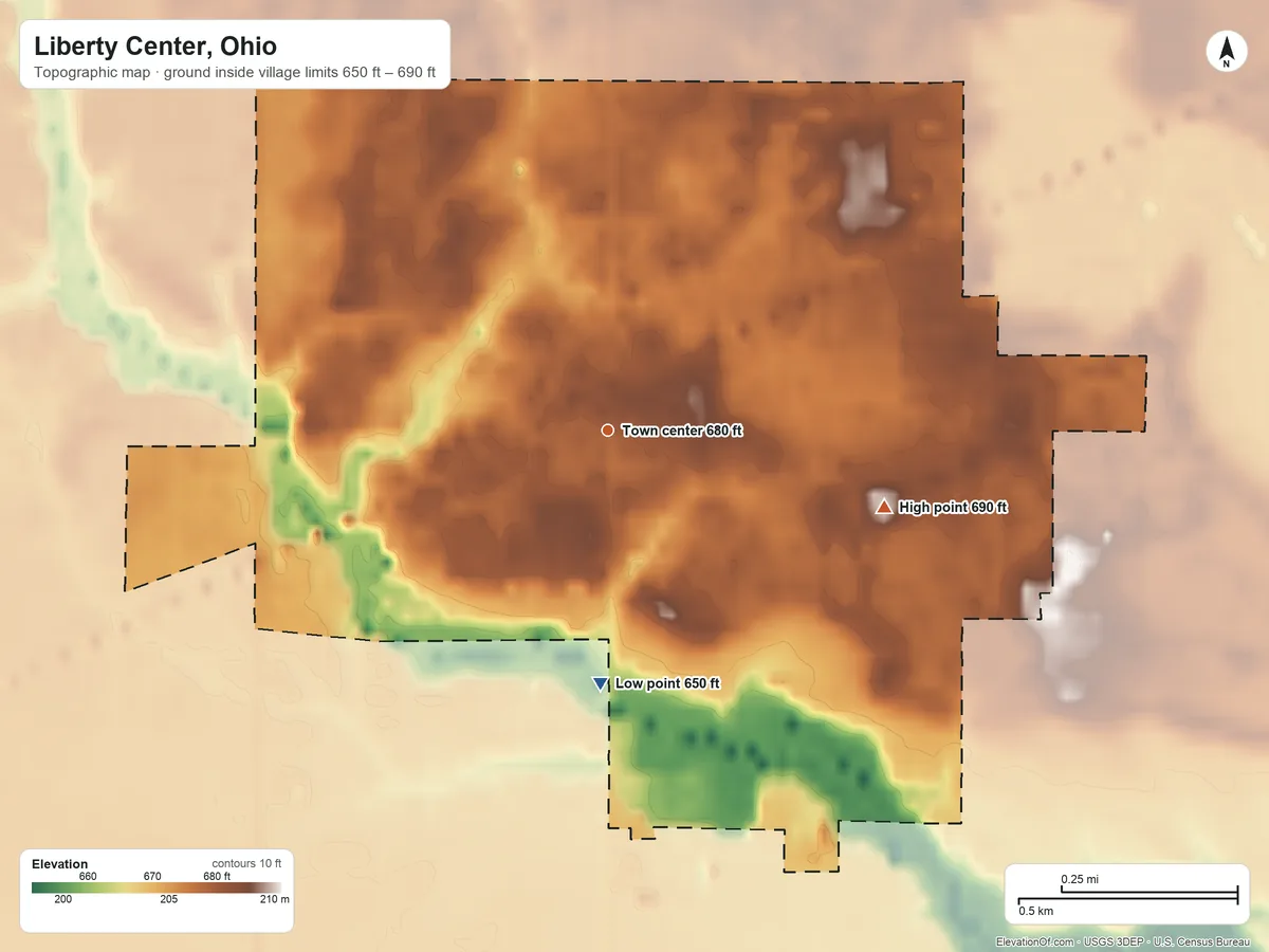 Topographic elevation map of Liberty Center, Ohio, shaded from 650 ft on the south side to 690 ft on the east side