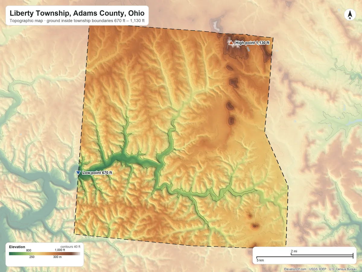 Topographic elevation map of Liberty Township, Adams County, Ohio, shaded from 670 ft on the west side to 1,130 ft on Cave Hill