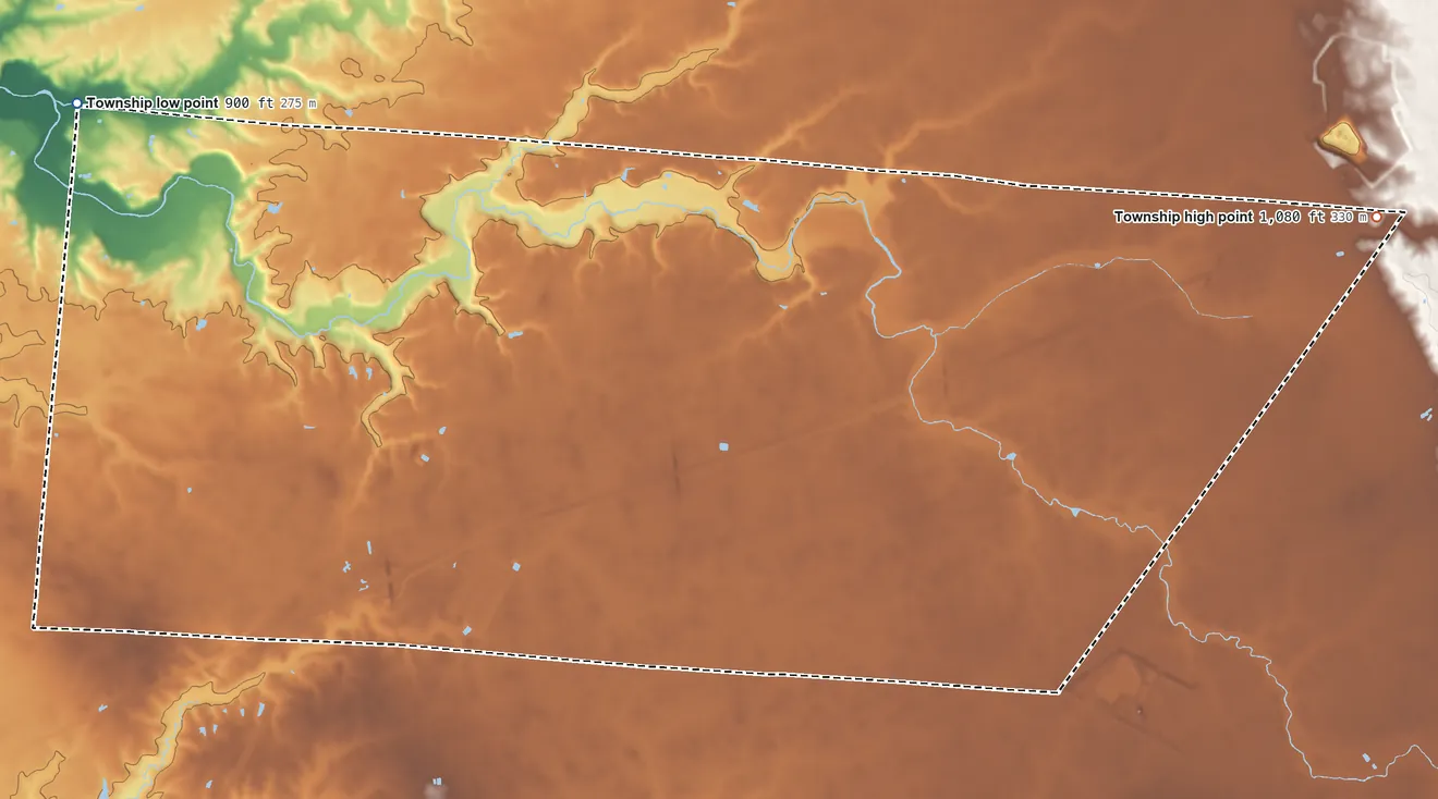 Topographic elevation map of Liberty Township, Clinton County, Ohio, shaded from 900 ft on the west side to 1,080 ft on the east side