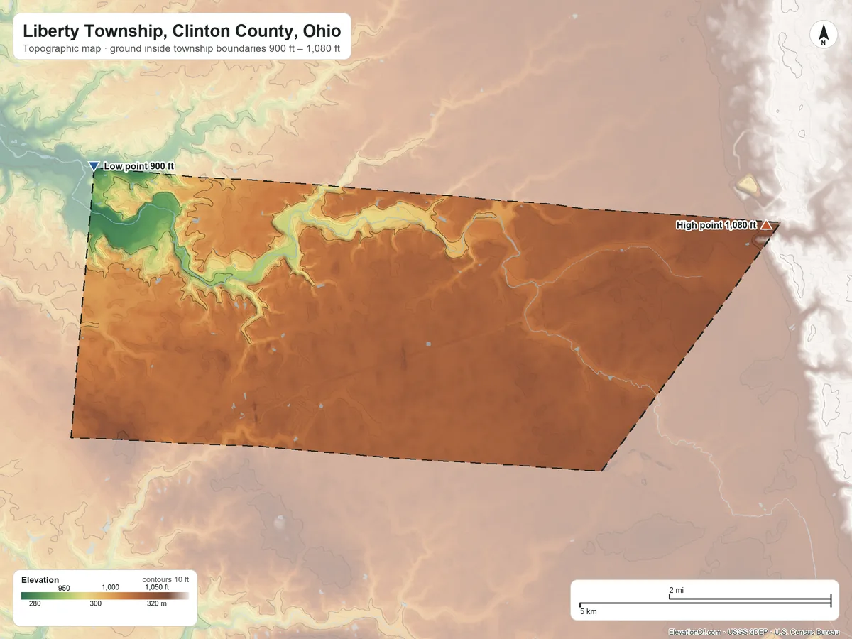 Topographic elevation map of Liberty Township, Clinton County, Ohio, shaded from 900 ft on the west side to 1,080 ft on the east side