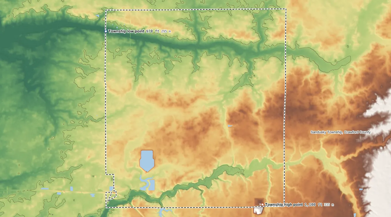 Topographic elevation map of Liberty Township, Crawford County, Ohio, shaded from 970 ft on the northwest side to 1,100 ft on the southeast side