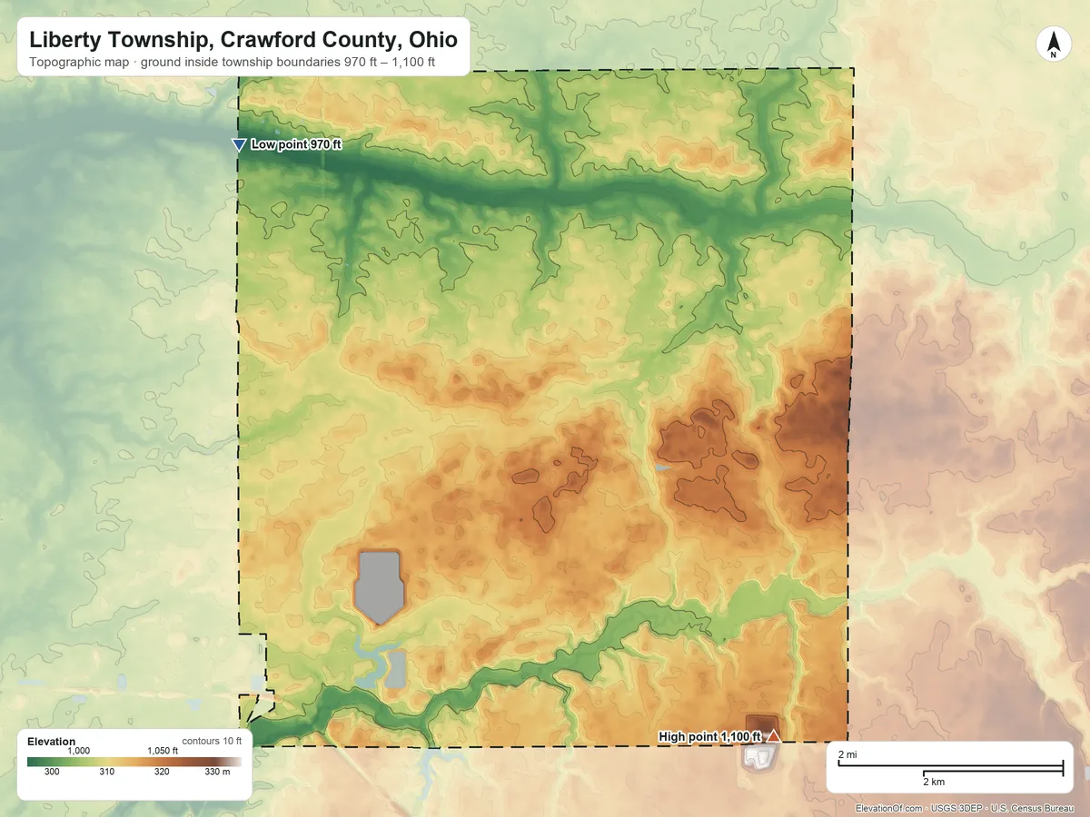 Topographic elevation map of Liberty Township, Crawford County, Ohio, shaded from 970 ft on the northwest side to 1,100 ft on the southeast side