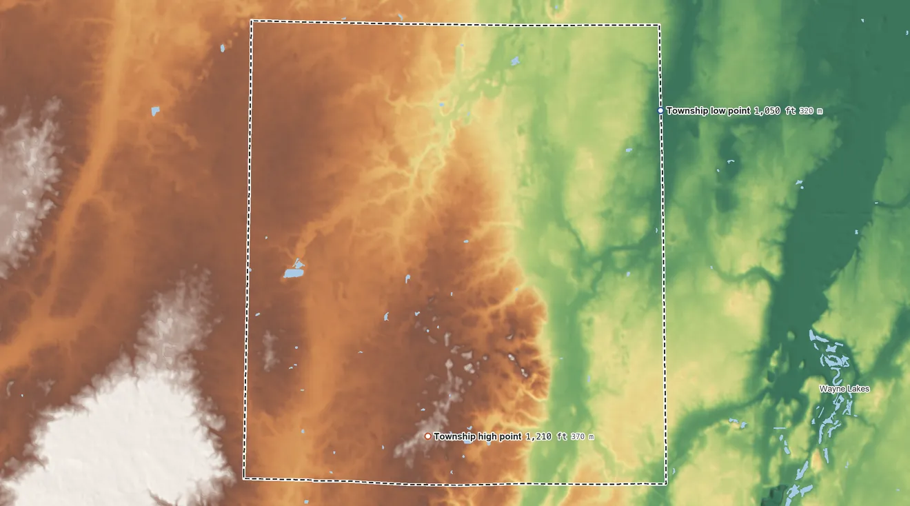 Topographic elevation map of Liberty Township, Darke County, Ohio, shaded from 1,050 ft on the northeast side to 1,210 ft on the south side