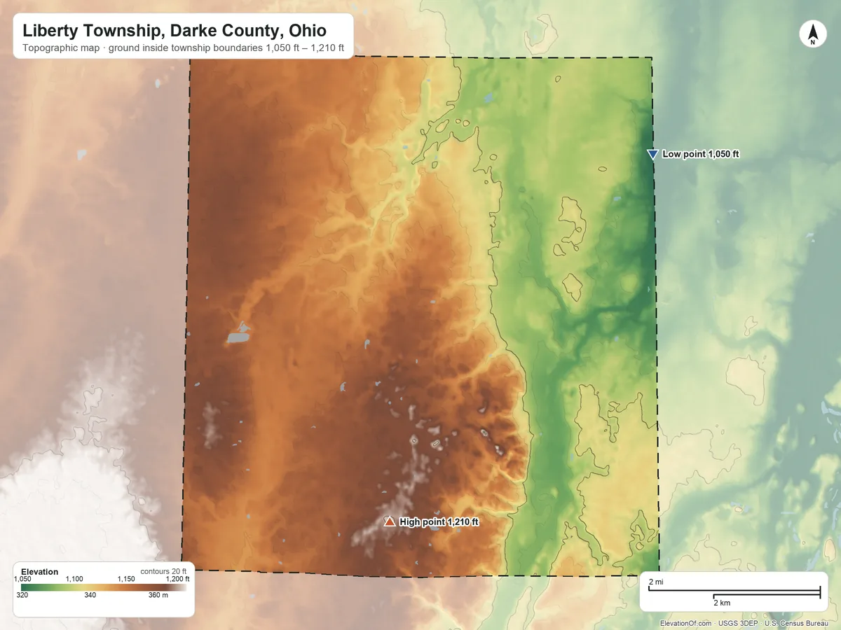 Topographic elevation map of Liberty Township, Darke County, Ohio, shaded from 1,050 ft on the northeast side to 1,210 ft on the south side