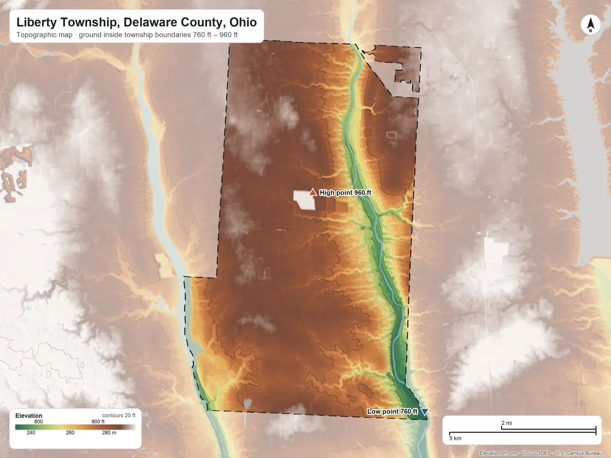 Topographic elevation map of Liberty Township, Delaware County, Ohio, shaded from 760 ft on the southeast side to 960 ft on the north side