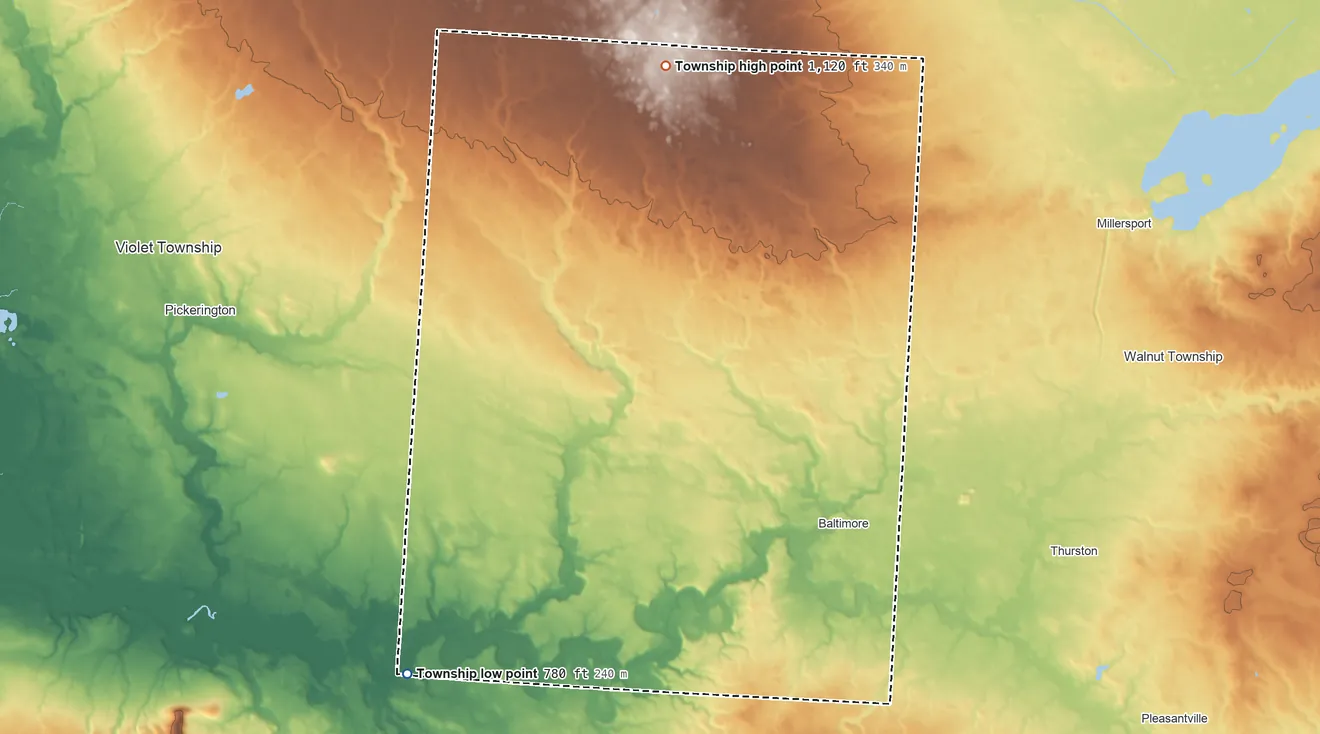 Topographic elevation map of Liberty Township, Fairfield County, Ohio, shaded from 780 ft on the southwest side to 1,120 ft on the north side