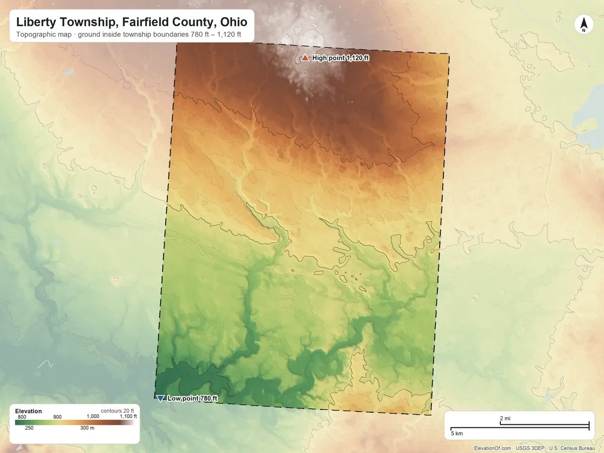 Topographic elevation map of Liberty Township, Fairfield County, Ohio, shaded from 780 ft on the southwest side to 1,120 ft on the north side