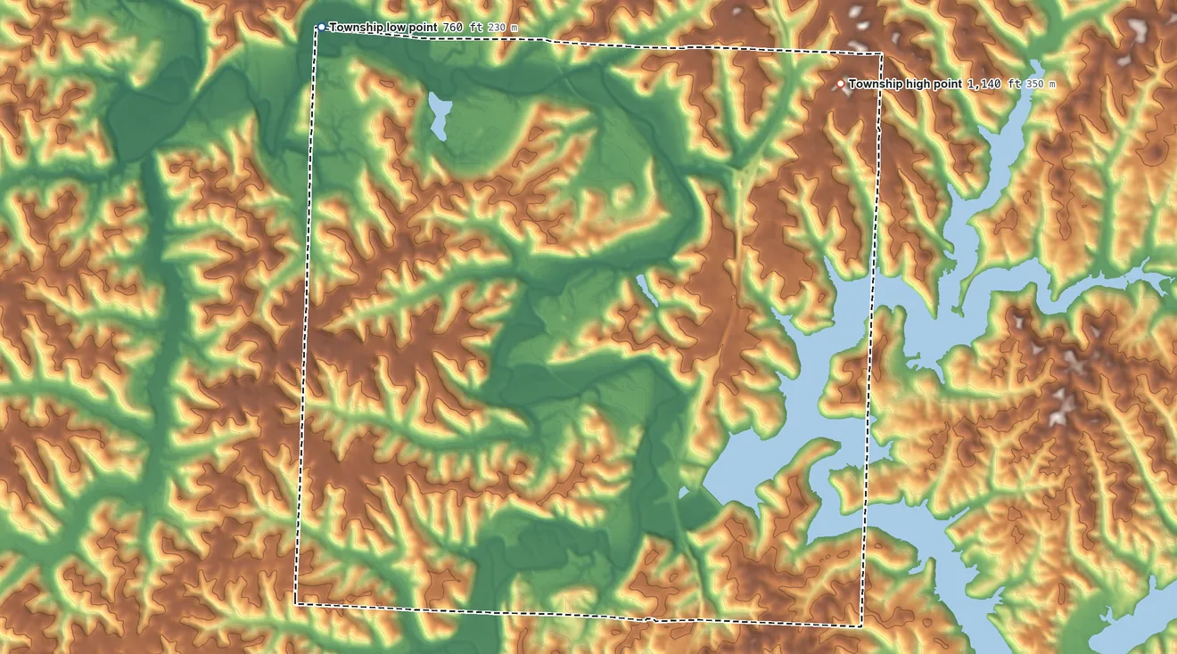 Topographic elevation map of Liberty Township, Guernsey County, Ohio, shaded from 760 ft on the northwest side to 1,140 ft on the northeast side