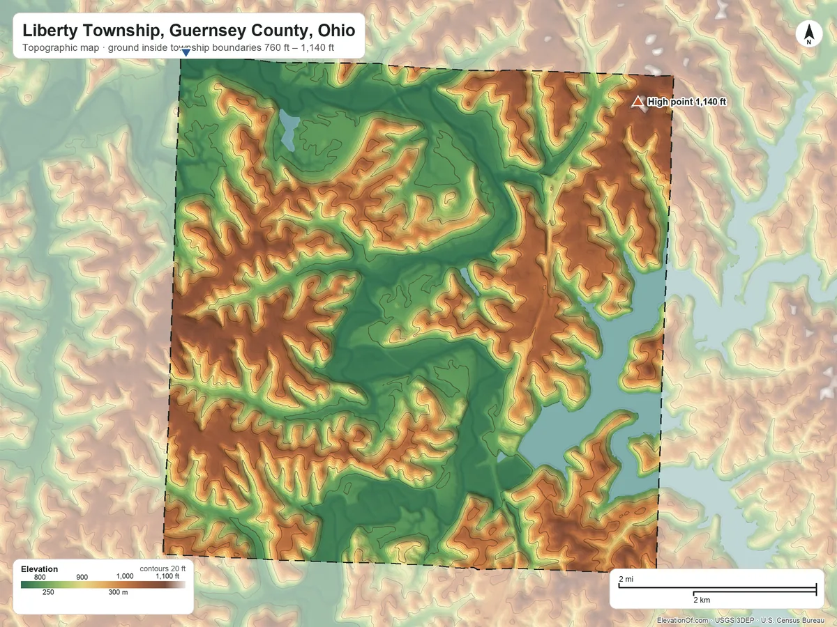 Topographic elevation map of Liberty Township, Guernsey County, Ohio, shaded from 760 ft on the northwest side to 1,140 ft on the northeast side