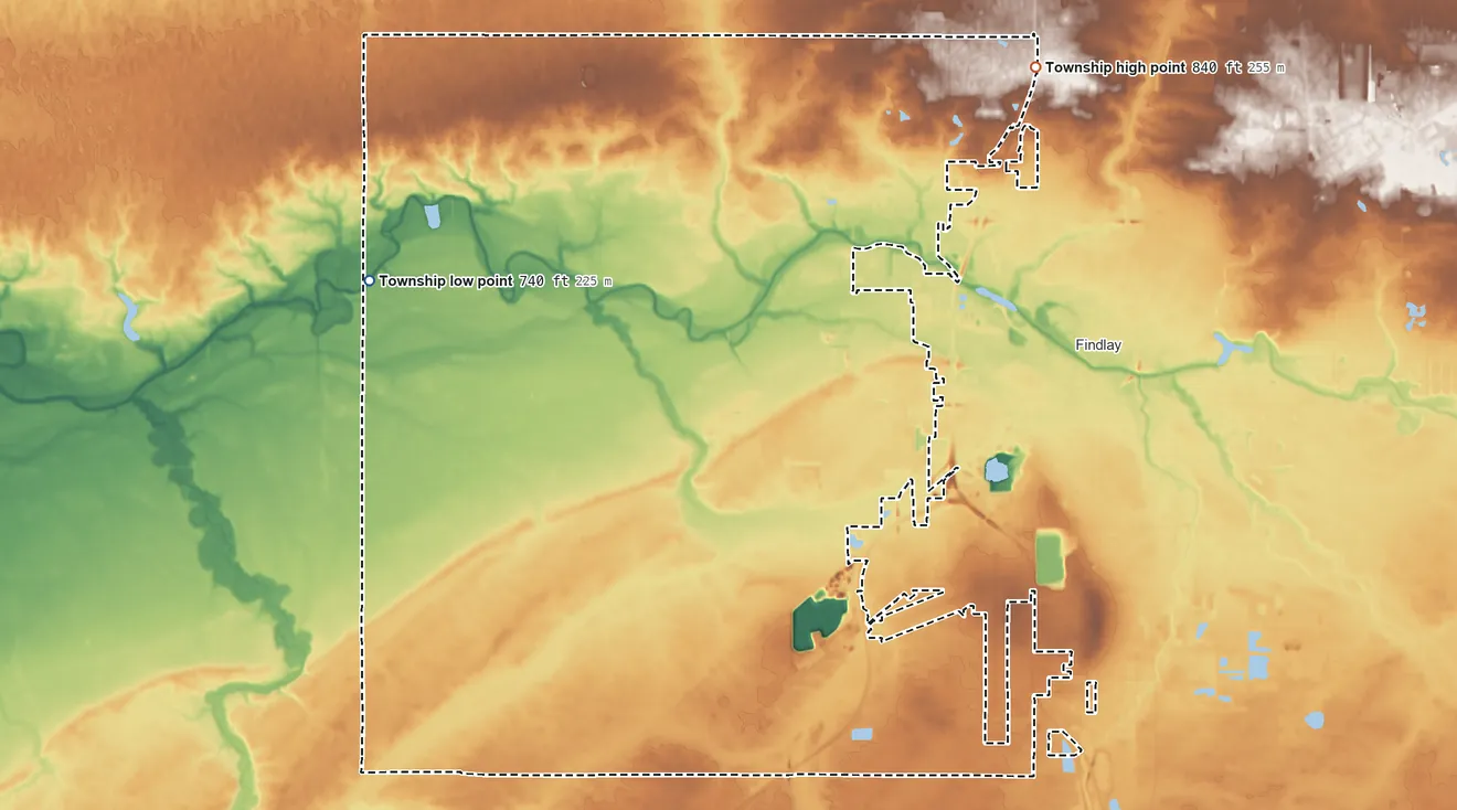 Topographic elevation map of Liberty Township, Hancock County, Ohio, shaded from 740 ft on the west side to 840 ft on the northeast side