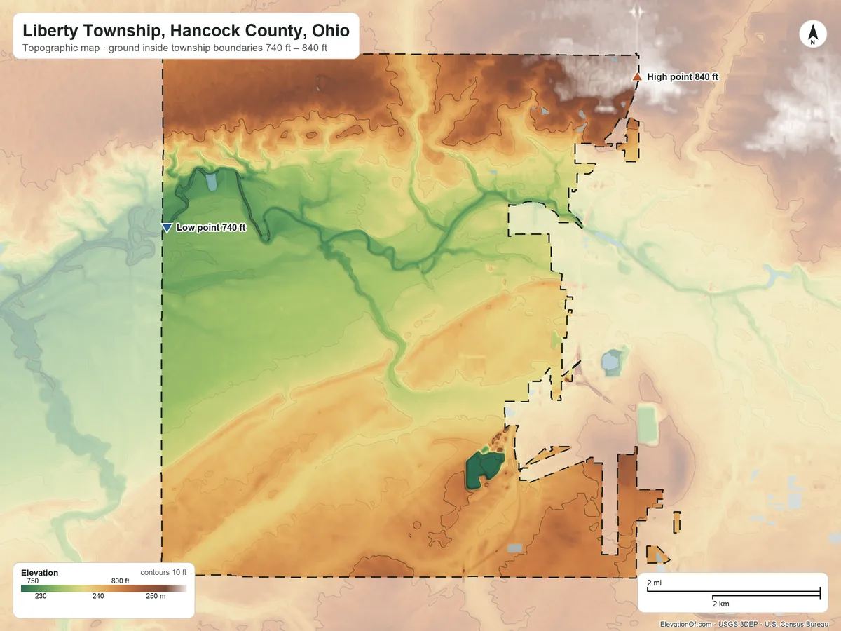 Topographic elevation map of Liberty Township, Hancock County, Ohio, shaded from 740 ft on the west side to 840 ft on the northeast side