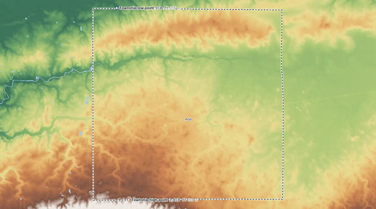 Topographic elevation map of Liberty Township, Hardin County, Ohio, shaded from 910 ft on the northwest side to 1,010 ft on the southwest side
