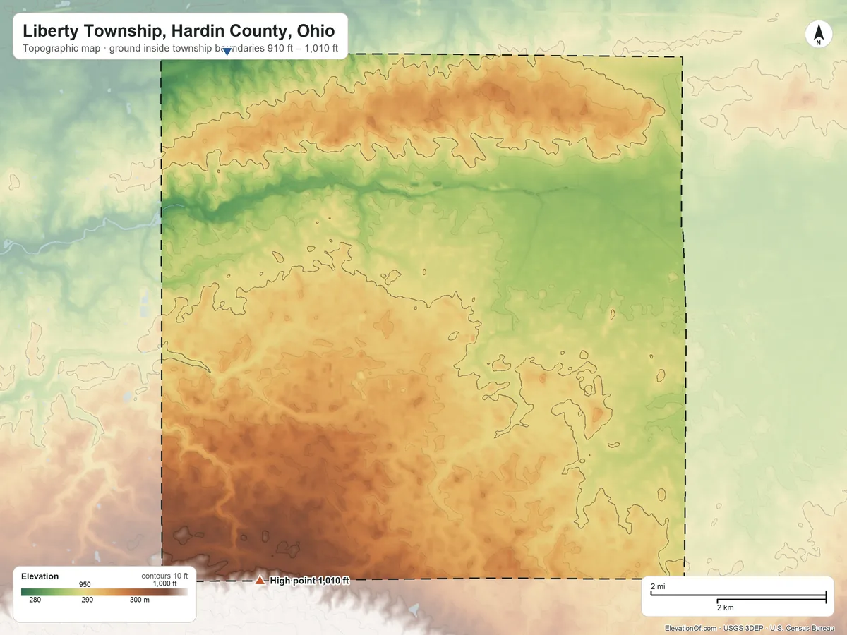 Topographic elevation map of Liberty Township, Hardin County, Ohio, shaded from 910 ft on the northwest side to 1,010 ft on the southwest side