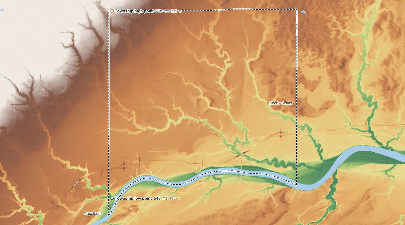 Topographic elevation map of Liberty Township, Henry County, Ohio, shaded from 640 ft on the southwest side to 710 ft on the northwest side