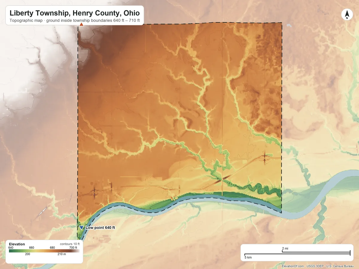 Topographic elevation map of Liberty Township, Henry County, Ohio, shaded from 640 ft on the southwest side to 710 ft on the northwest side