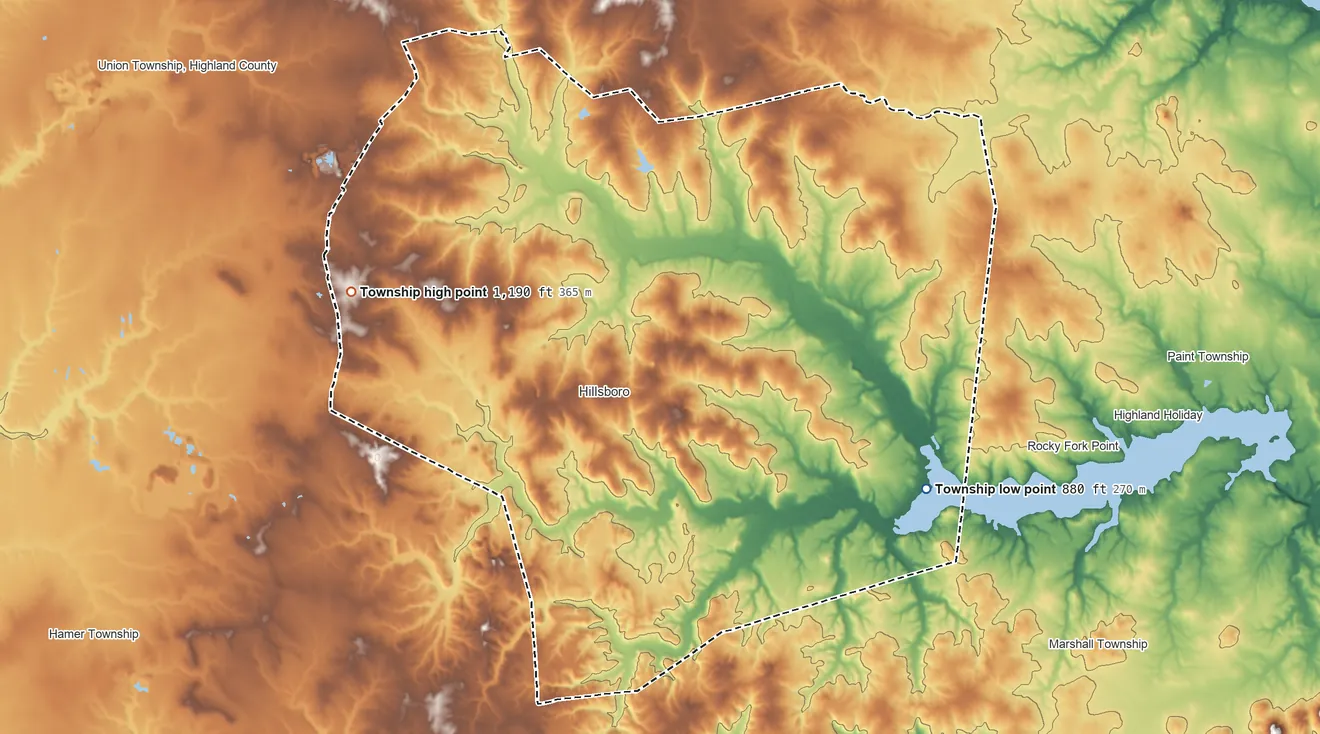 Topographic elevation map of Liberty Township, Highland County, Ohio, shaded from 880 ft on the east side to 1,190 ft on the west side