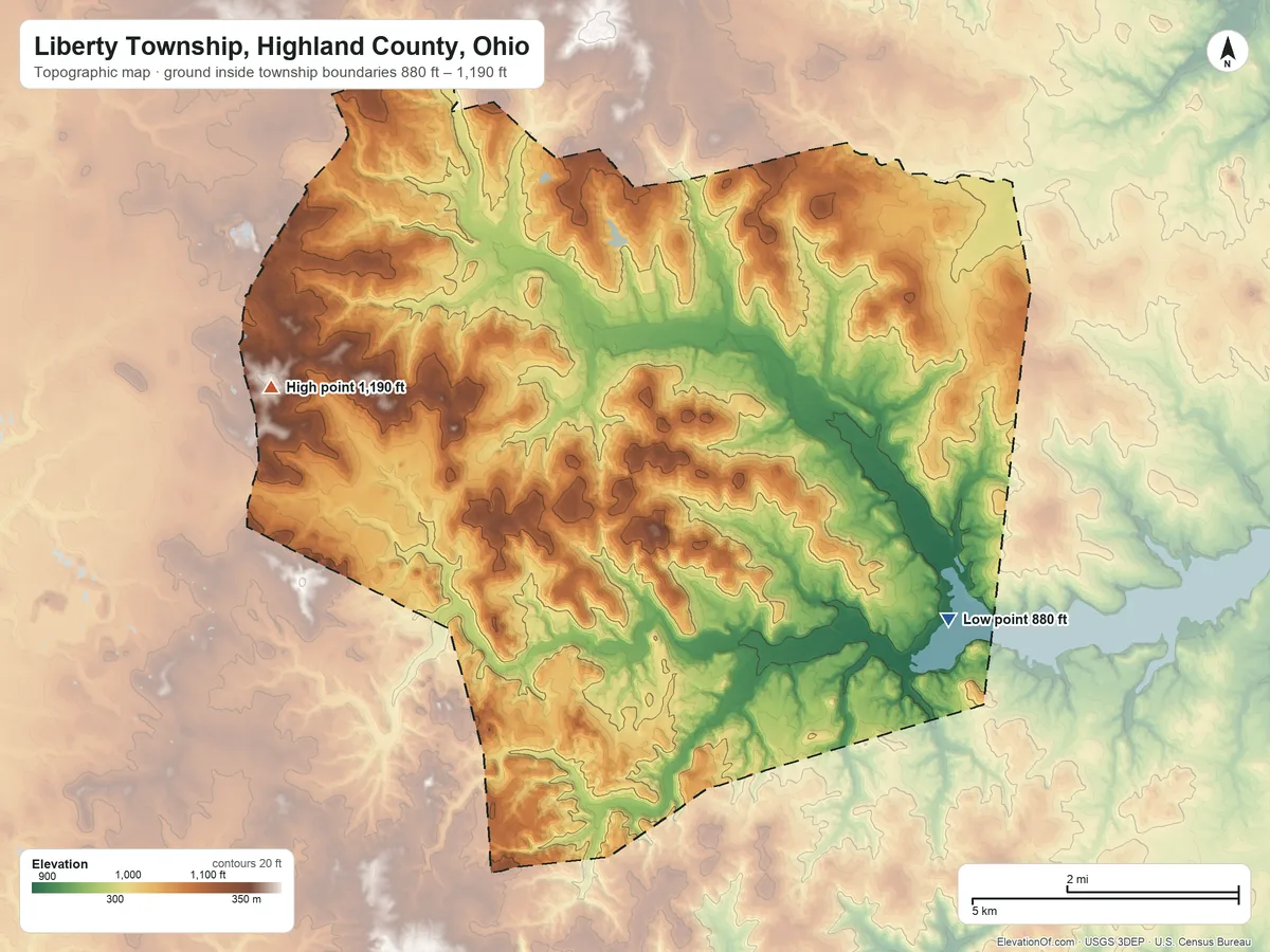 Topographic elevation map of Liberty Township, Highland County, Ohio, shaded from 880 ft on the east side to 1,190 ft on the west side
