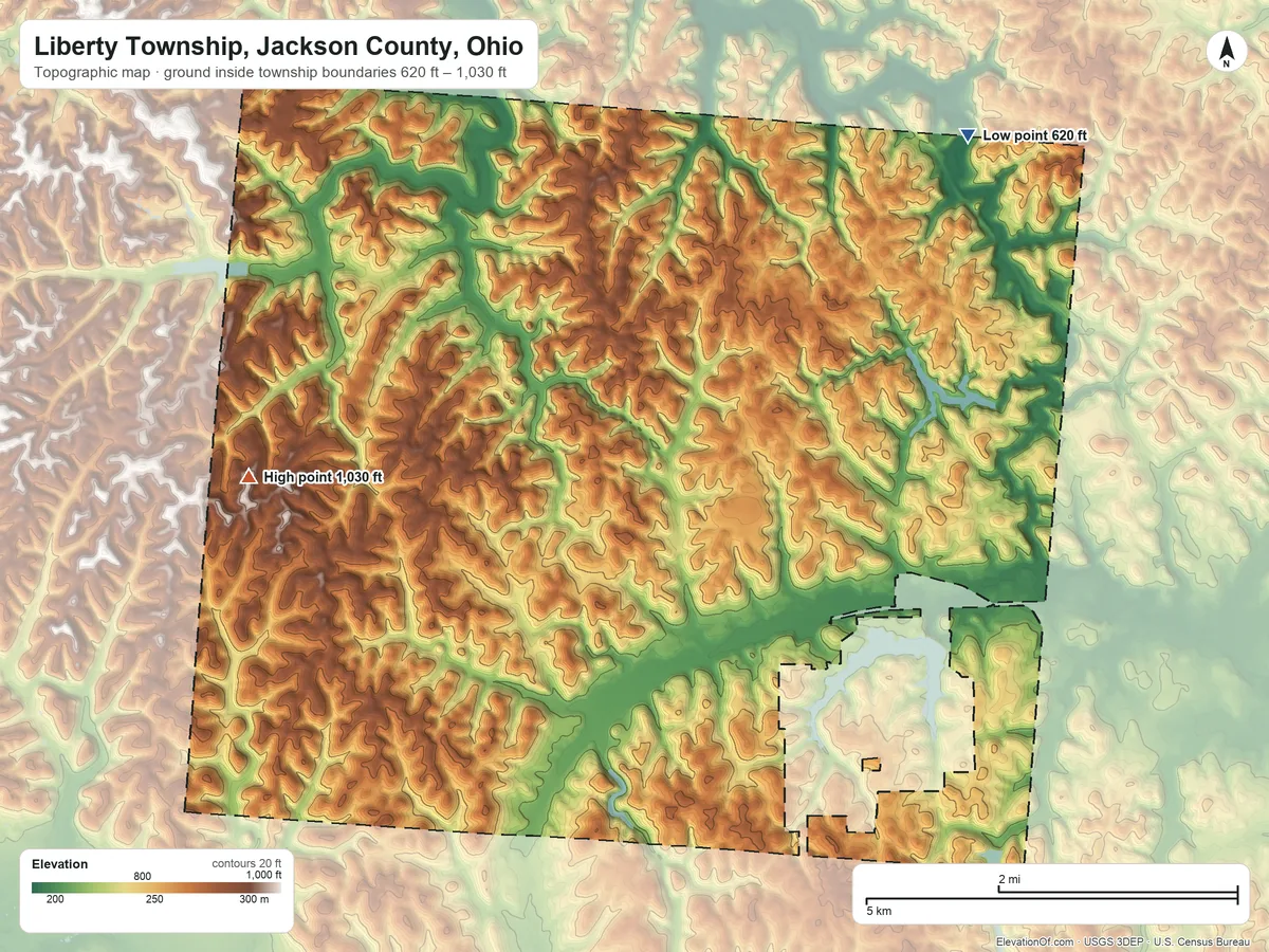 Topographic elevation map of Liberty Township, Jackson County, Ohio, shaded from 620 ft on the northeast side to 1,030 ft on the west side