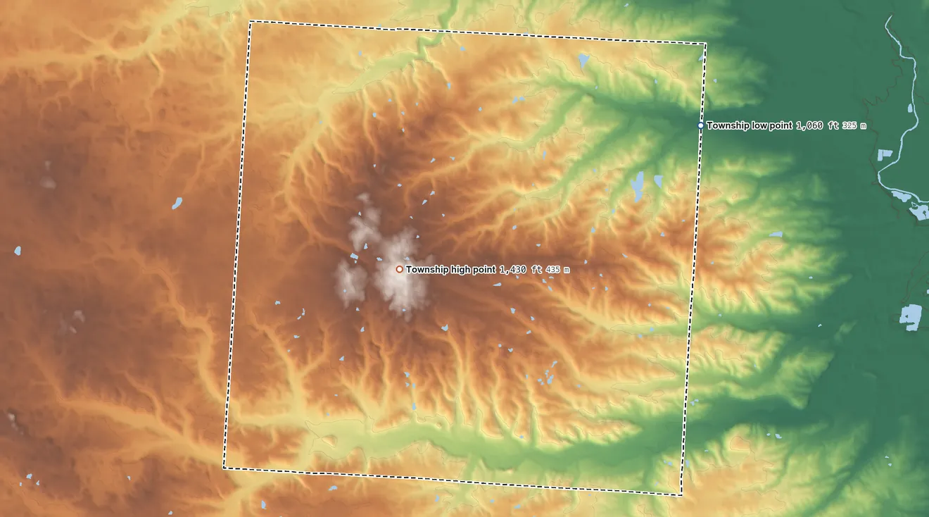 Topographic elevation map of Liberty Township, Knox County, Ohio, shaded from 1,060 ft on the northeast side to 1,430 ft near the middle