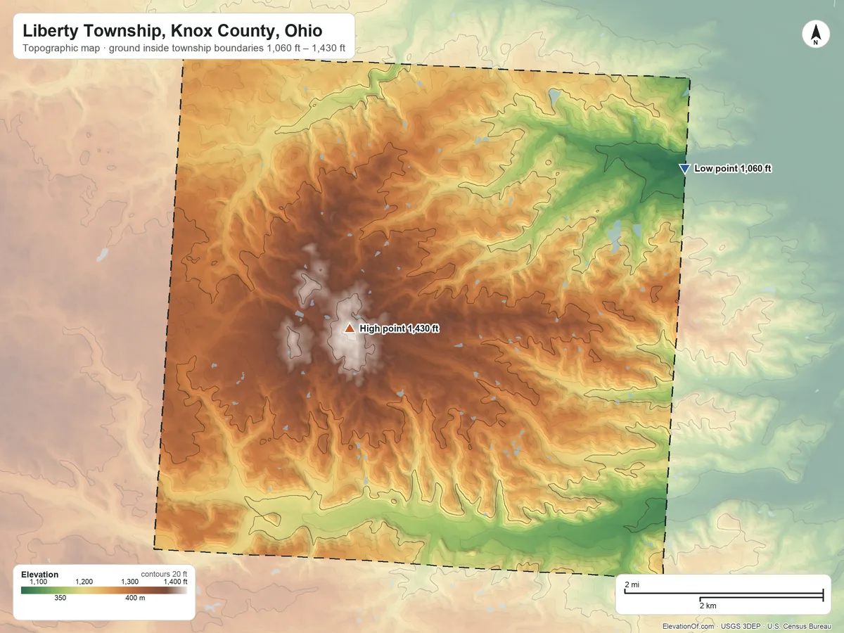 Topographic elevation map of Liberty Township, Knox County, Ohio, shaded from 1,060 ft on the northeast side to 1,430 ft near the middle