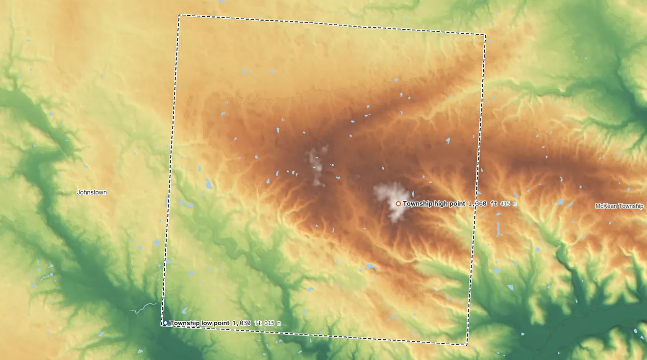 Topographic elevation map of Liberty Township, Licking County, Ohio, shaded from 1,030 ft on the southwest side to 1,360 ft on the east side