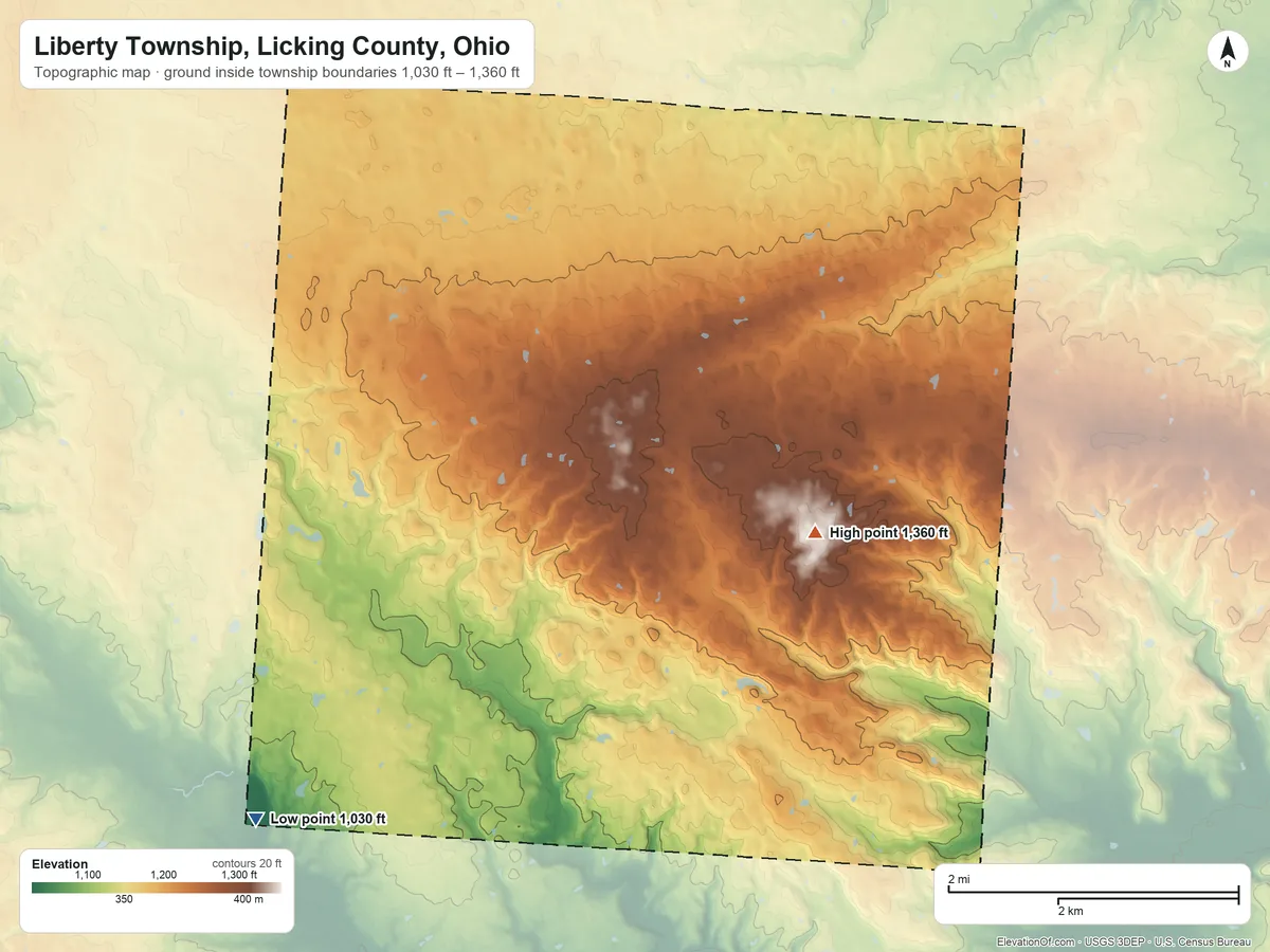 Topographic elevation map of Liberty Township, Licking County, Ohio, shaded from 1,030 ft on the southwest side to 1,360 ft on the east side