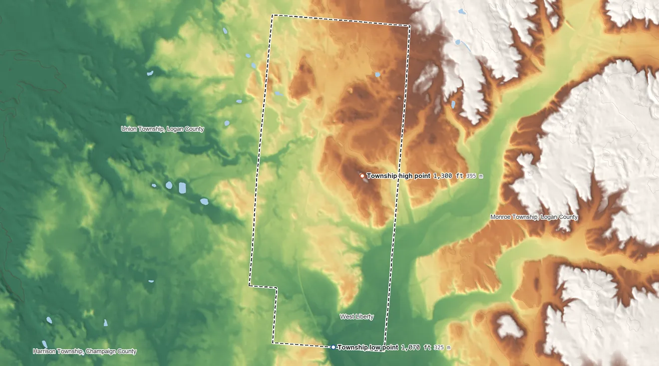 Topographic elevation map of Liberty Township, Logan County, Ohio, shaded from 1,070 ft on the south side to 1,300 ft near the middle