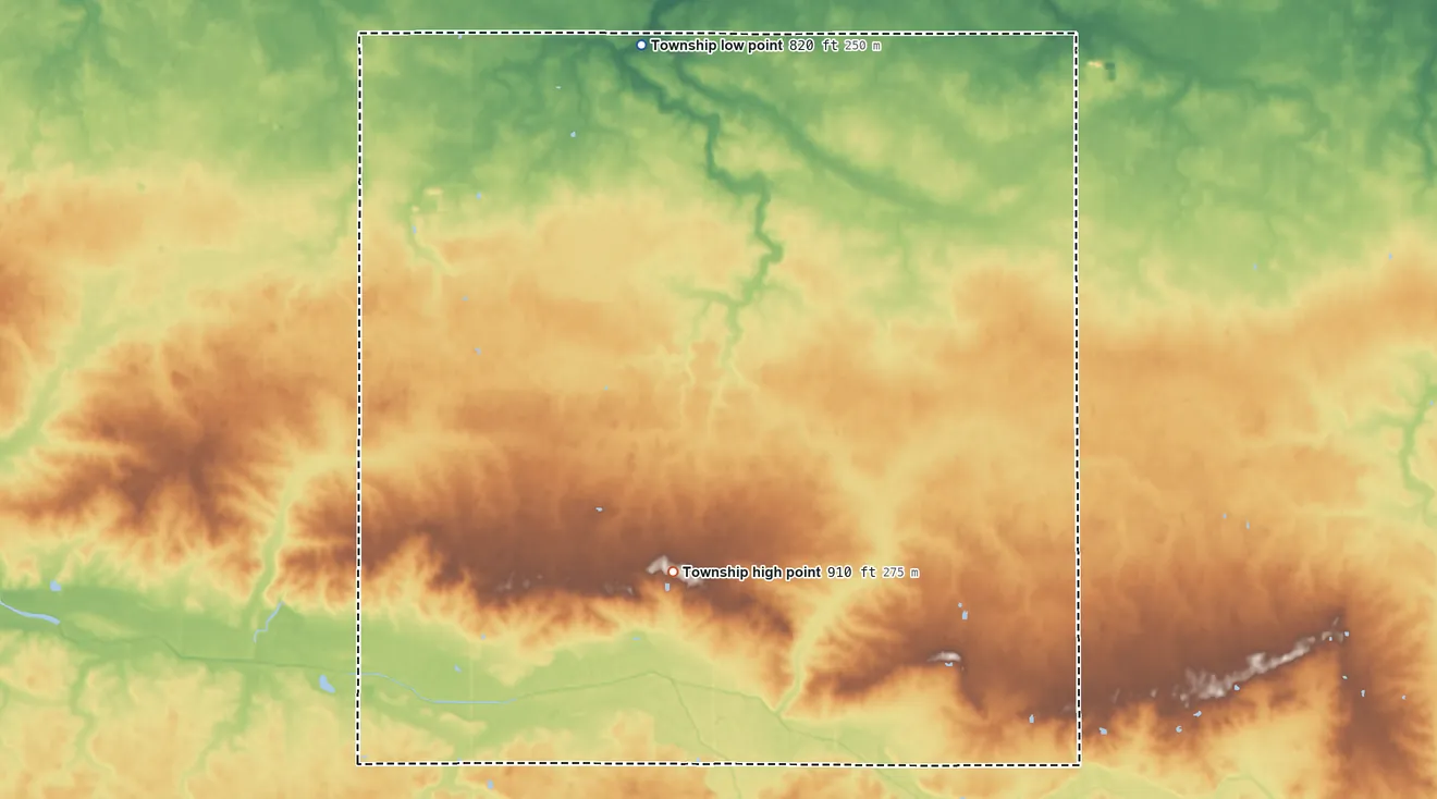 Topographic elevation map of Liberty Township, Mercer County, Ohio, shaded from 820 ft on the north side to 910 ft near the middle