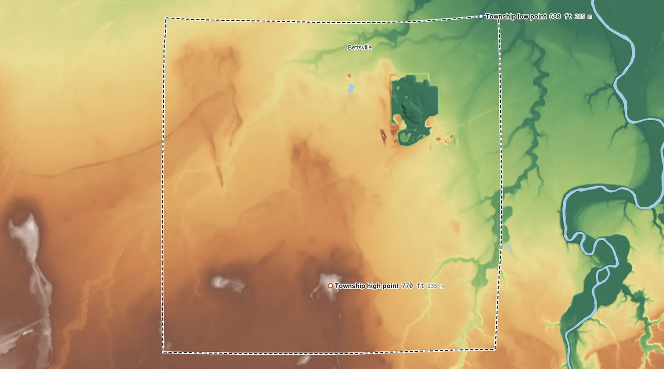 Topographic elevation map of Liberty Township, Seneca County, Ohio, shaded from 680 ft on the northeast side to 770 ft on the south side