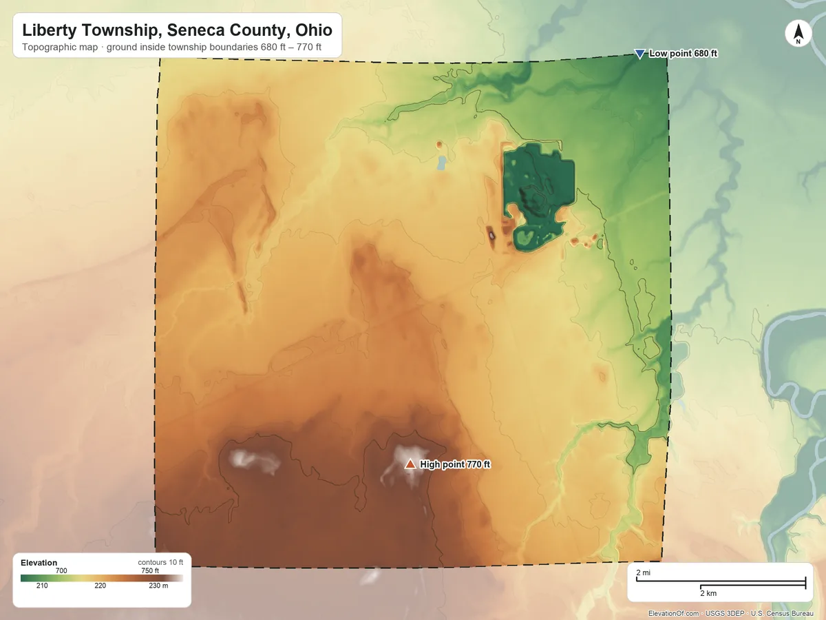 Topographic elevation map of Liberty Township, Seneca County, Ohio, shaded from 680 ft on the northeast side to 770 ft on the south side