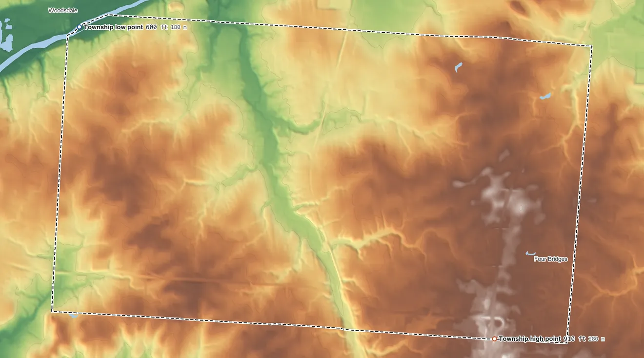Topographic elevation map of Liberty Township, Ohio, shaded from 600 ft on the northwest side to 910 ft on the southeast side