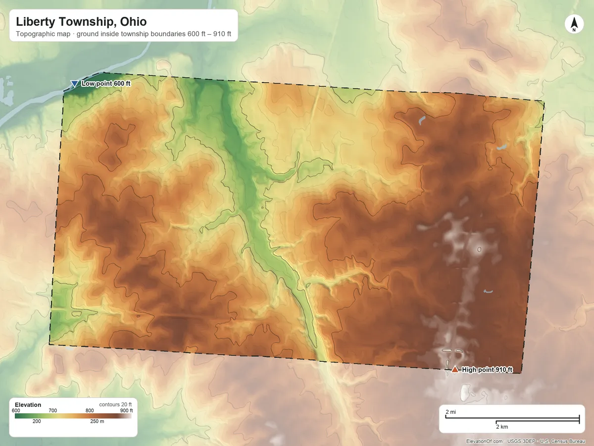 Topographic elevation map of Liberty Township, Ohio, shaded from 600 ft on the northwest side to 910 ft on the southeast side