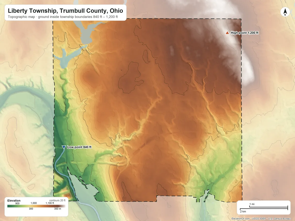 Topographic elevation map of Liberty Township, Trumbull County, Ohio, shaded from 840 ft on the west side to 1,200 ft on the northeast side