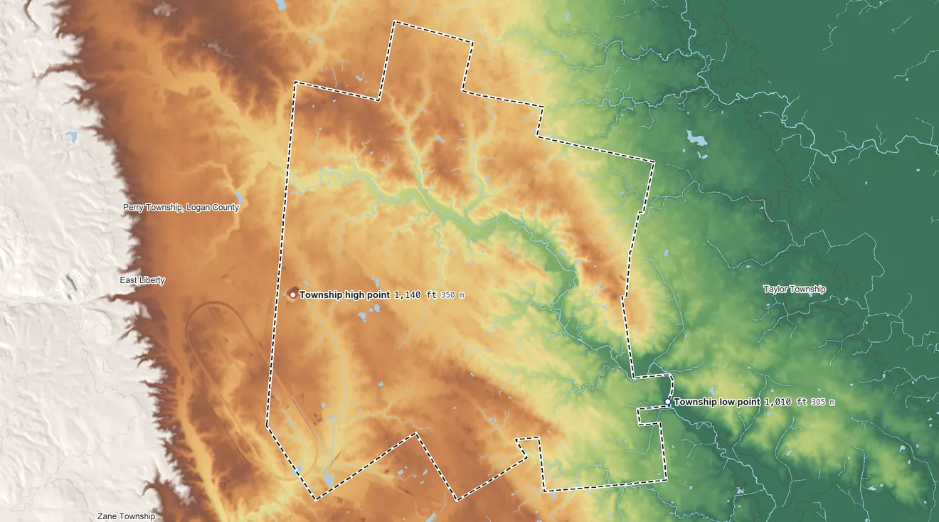 Topographic elevation map of Liberty Township, Union County, Ohio, shaded from 1,010 ft on the southeast side to 1,140 ft on the west side