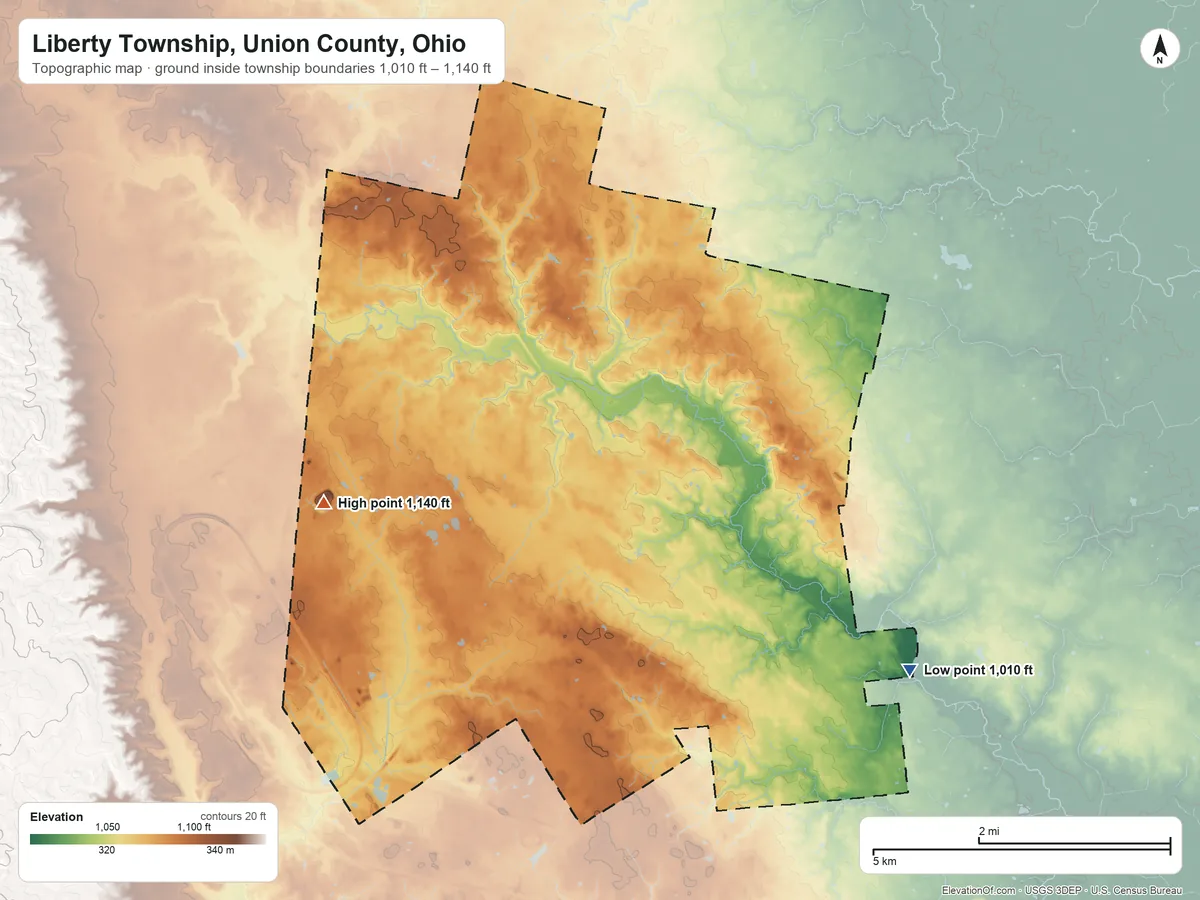 Topographic elevation map of Liberty Township, Union County, Ohio, shaded from 1,010 ft on the southeast side to 1,140 ft on the west side