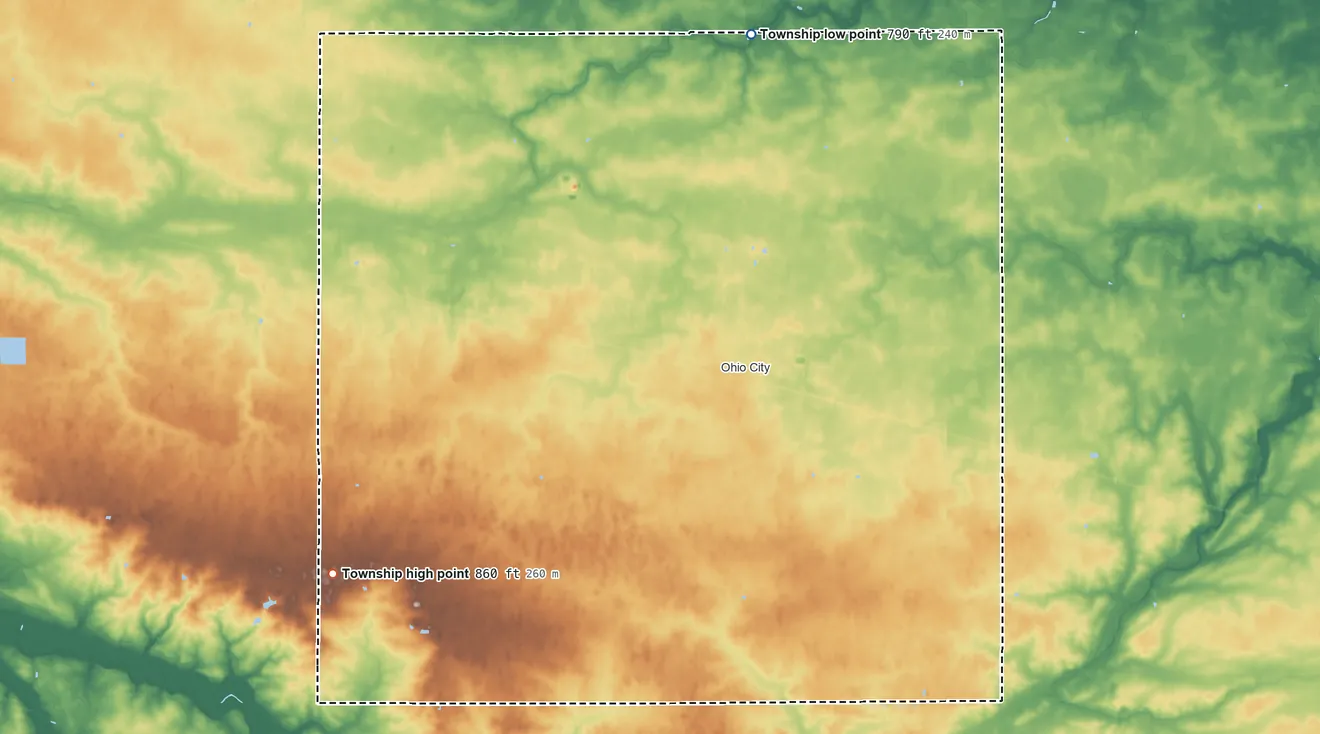 Topographic elevation map of Liberty Township, Van Wert County, Ohio, shaded from 790 ft on the north side to 860 ft on the southwest side