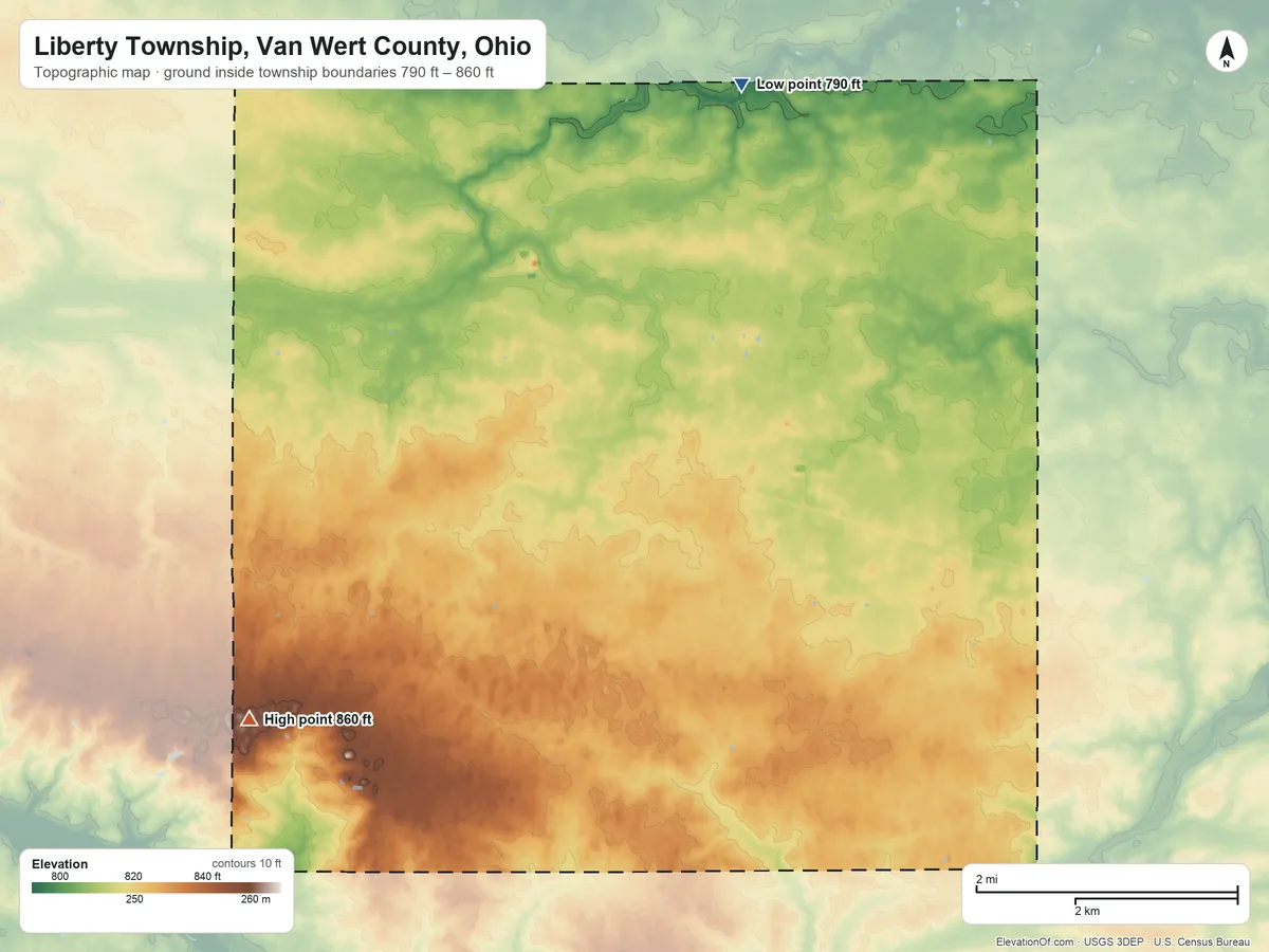 Topographic elevation map of Liberty Township, Van Wert County, Ohio, shaded from 790 ft on the north side to 860 ft on the southwest side
