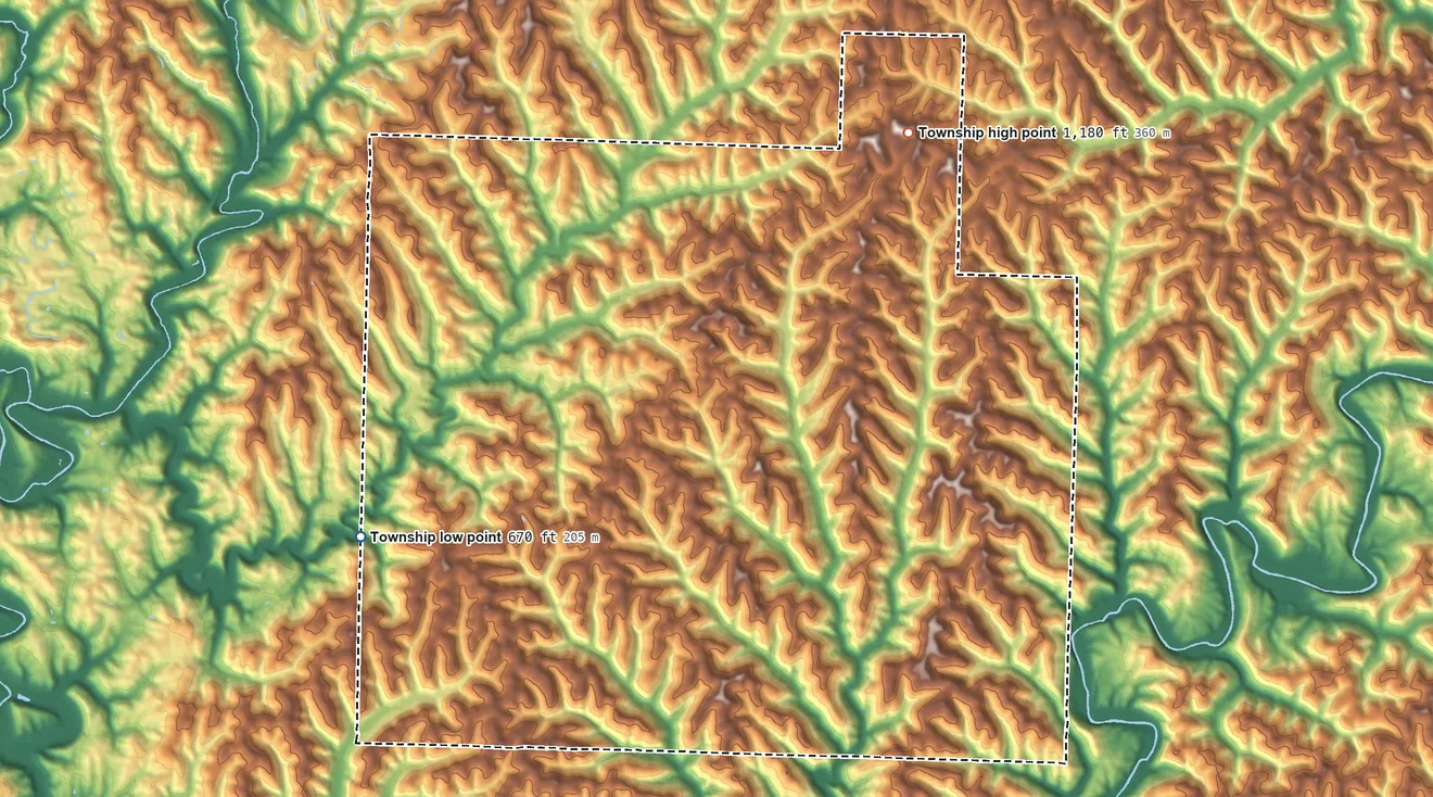 Topographic elevation map of Liberty Township, Washington County, Ohio, shaded from 670 ft on the west side to 1,180 ft on the northeast side