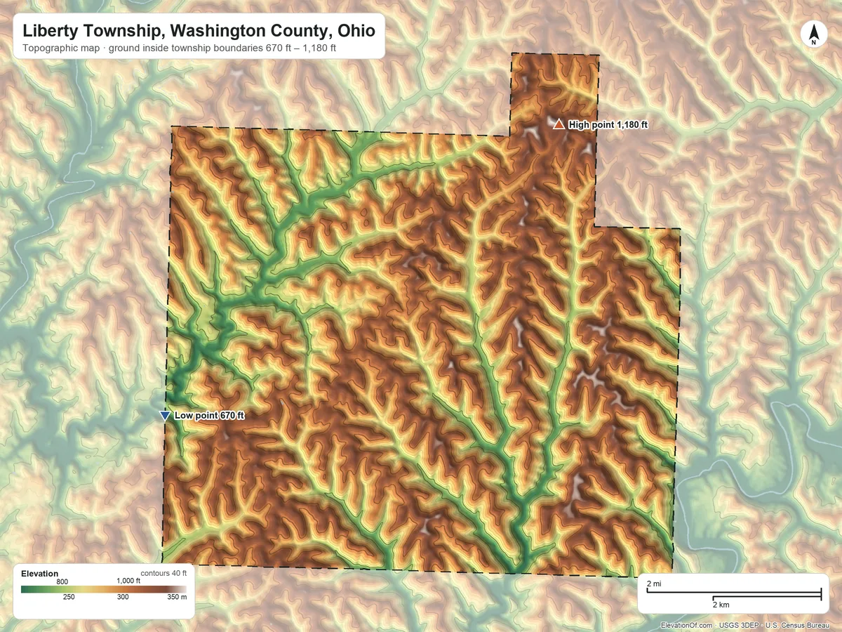 Topographic elevation map of Liberty Township, Washington County, Ohio, shaded from 670 ft on the west side to 1,180 ft on the northeast side