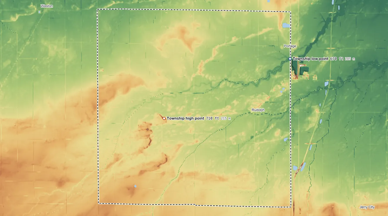 Topographic elevation map of Liberty Township, Wood County, Ohio, shaded from 670 ft on the northeast side to 710 ft on the west side