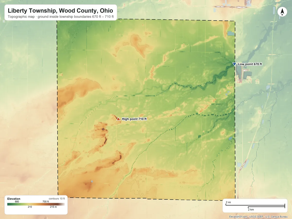 Topographic elevation map of Liberty Township, Wood County, Ohio, shaded from 670 ft on the northeast side to 710 ft on the west side