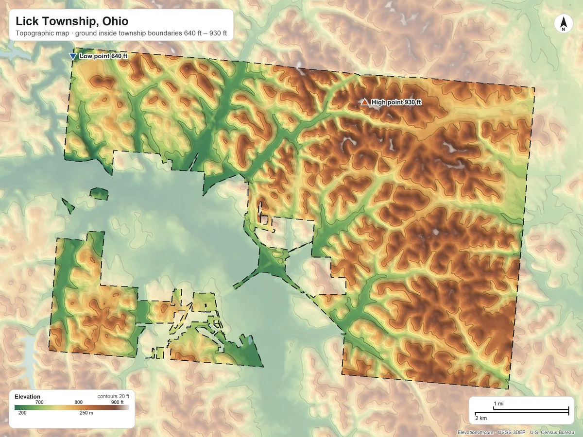 Topographic elevation map of Lick Township, Ohio, shaded from 640 ft on the northwest side to 930 ft on the northeast side