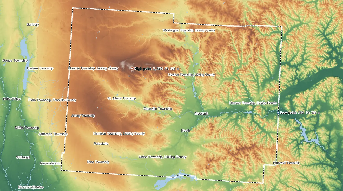 Topographic elevation map of Licking County, Ohio, shaded from 750 ft on the east side to 1,360 ft on the northwest side